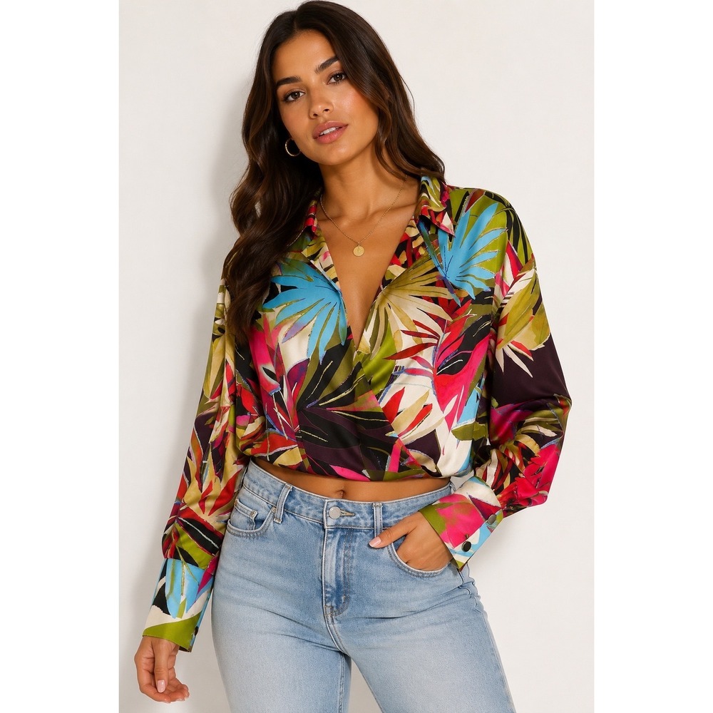 Zara Tropical Satin Wrap Crop Blouse L Colorful Floral Y2K Resort Top Boho